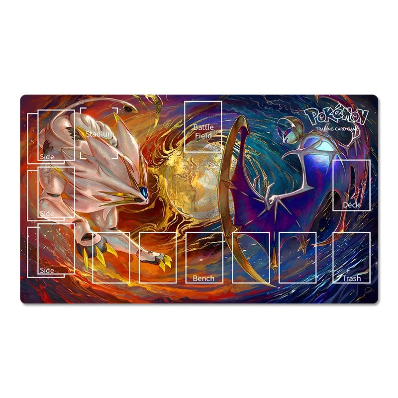 A rectangular Pokémon Trading Card Game playmat with colorful artwork showing a cream-colored Pokémon on the left and a dark blue-purple Pokémon on the right, surrounded by labeled zones such as side, bench, deck, and trash.