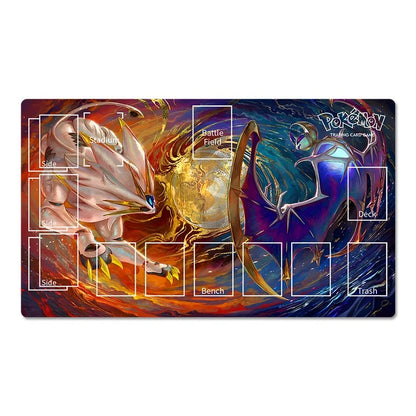 A rectangular Pokémon Trading Card Game playmat with colorful artwork showing a cream-colored Pokémon on the left and a dark blue-purple Pokémon on the right, surrounded by labeled zones such as side, bench, deck, and trash.