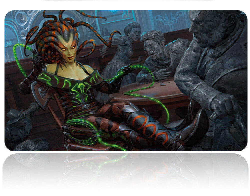 Mouse pad with a fantasy-themed design featuring a character with green accents and a metallic object above.