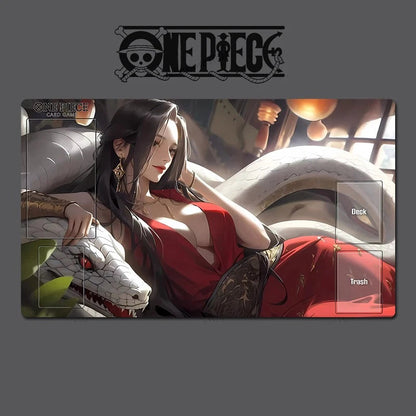 Card game mat featuring an anime character in a red outfit with 'One Piece' branding.