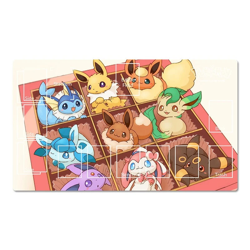 A rectangular desk mat or mousepad featuring a grid of cute Pokémon characters inside a chocolate box design, shown on a plain white background.