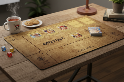 Board game setup on a wooden table with 'One Piece' theme