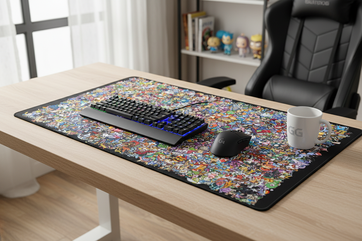 A large rectangular desk mat with a dense multicolor graffiti-style pattern and black border, shown on a light wood desk. A black keyboard, mouse, and white mug sit on the mat, with a black gaming chair and room shelves in the background.