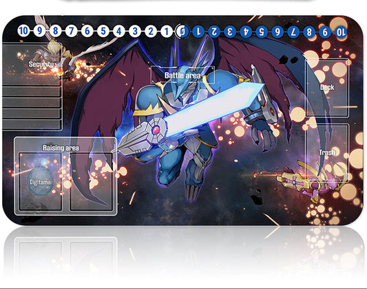 Pokémon trading card game playmat with character design and card holder on a white background