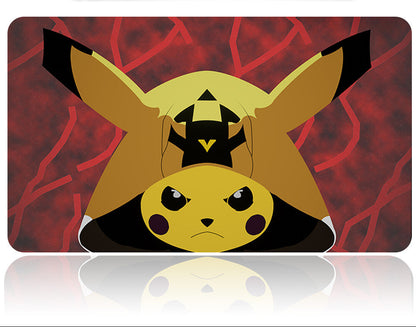 Card with a stylized character design on a red background, featuring a tool or device above it.