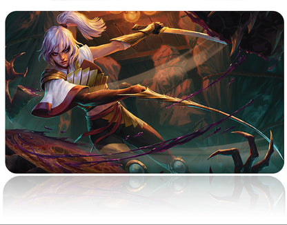 Mouse pad with a fantasy-themed design of a warrior and a sword, featuring a clear plastic packaging on top.