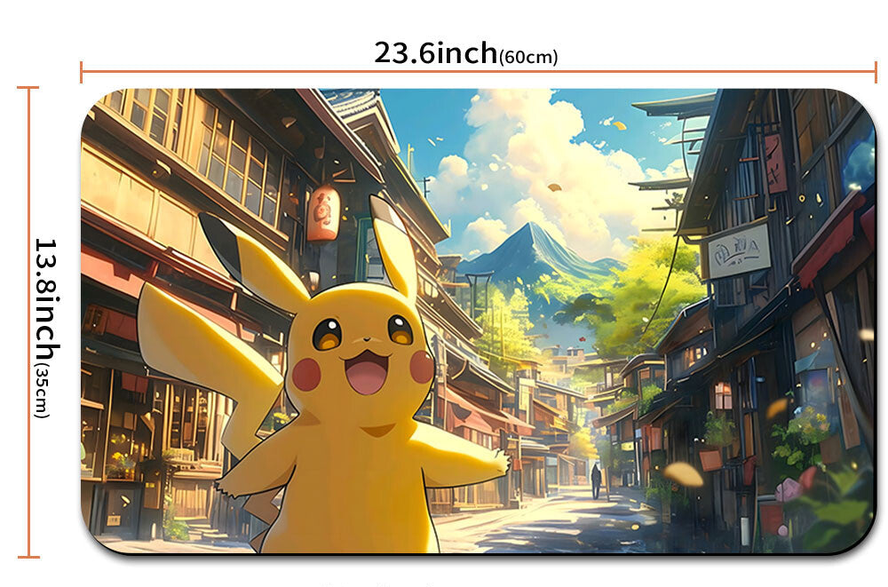 Pikachu in an animated setting with dimensions and a pouch below.