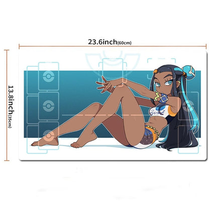 A rectangular printed mat or poster featuring an anime-style seated female character with long dark hair, blue accents, and a white bikini, shown on a white background with dimension labels reading 23.6 inch by 13.