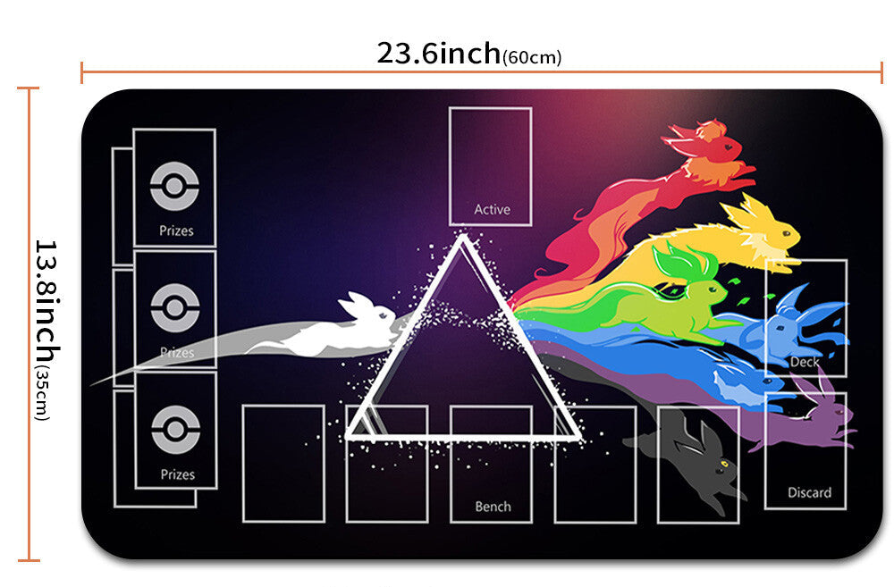 Card game mat with colorful rabbit design and measurements, accompanied by a drawstring bag.