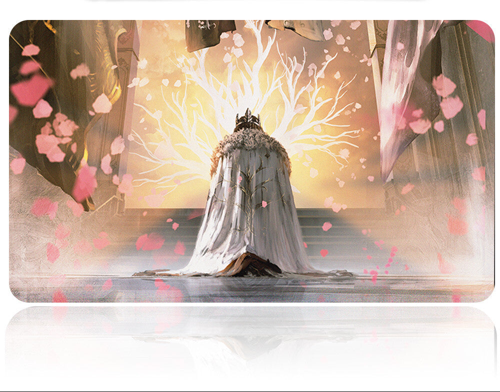 Card with a fantasy design featuring a person in a white robe and crown, surrounded by cherry blossoms and light effects.