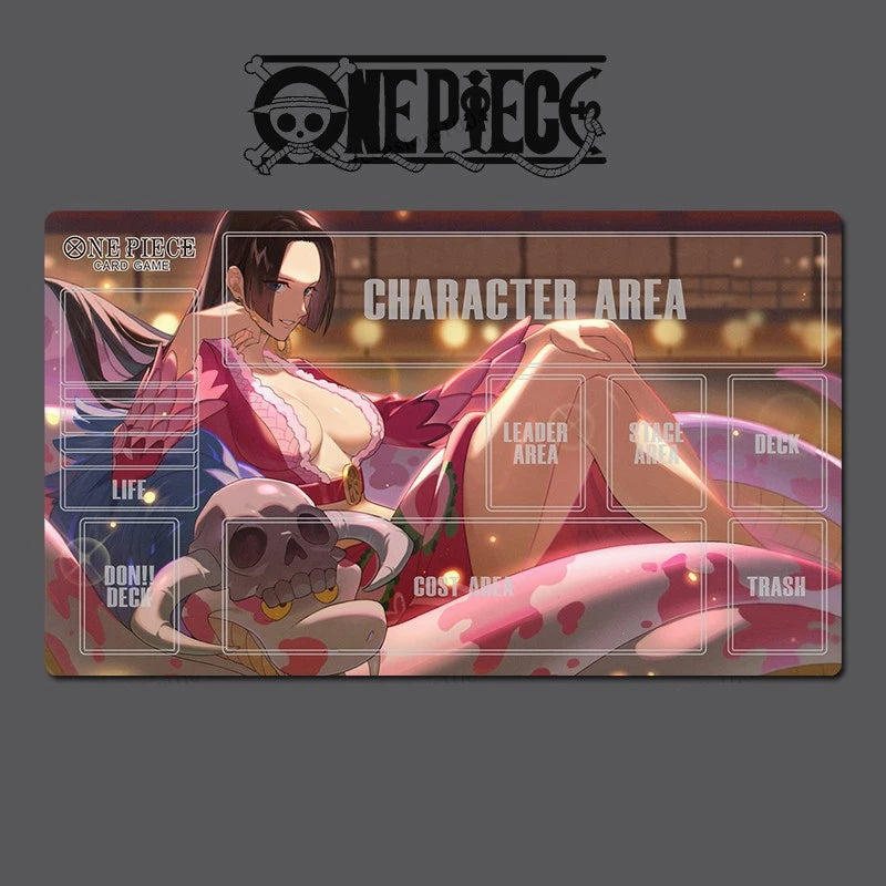 Playmat with character area design featuring an anime character from 'One Piece' on a dark background.