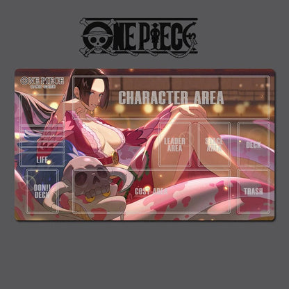 Playmat with character area design featuring an anime character from 'One Piece' on a dark background.