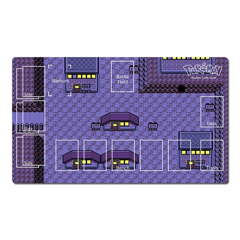 A rectangular Pokémon Trading Card Game playmat featuring a purple pixel-art map design with labeled zones such as Stadium, Battle Palace, Deck, and Trash, shown on a plain white background.