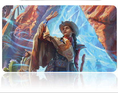 Card with a fantasy scene featuring a character in a desert landscape with a glowing blue energy effect.