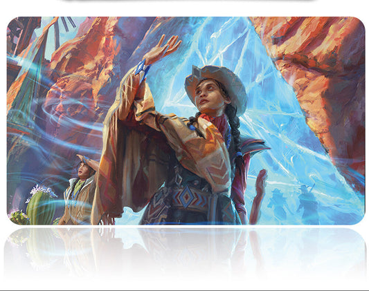 Card with a fantasy scene featuring a character in a desert landscape with a glowing blue energy effect.