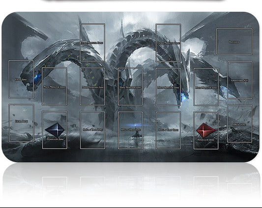 Large gaming mat with dragon design and game card slots, featuring a sword on a white background.