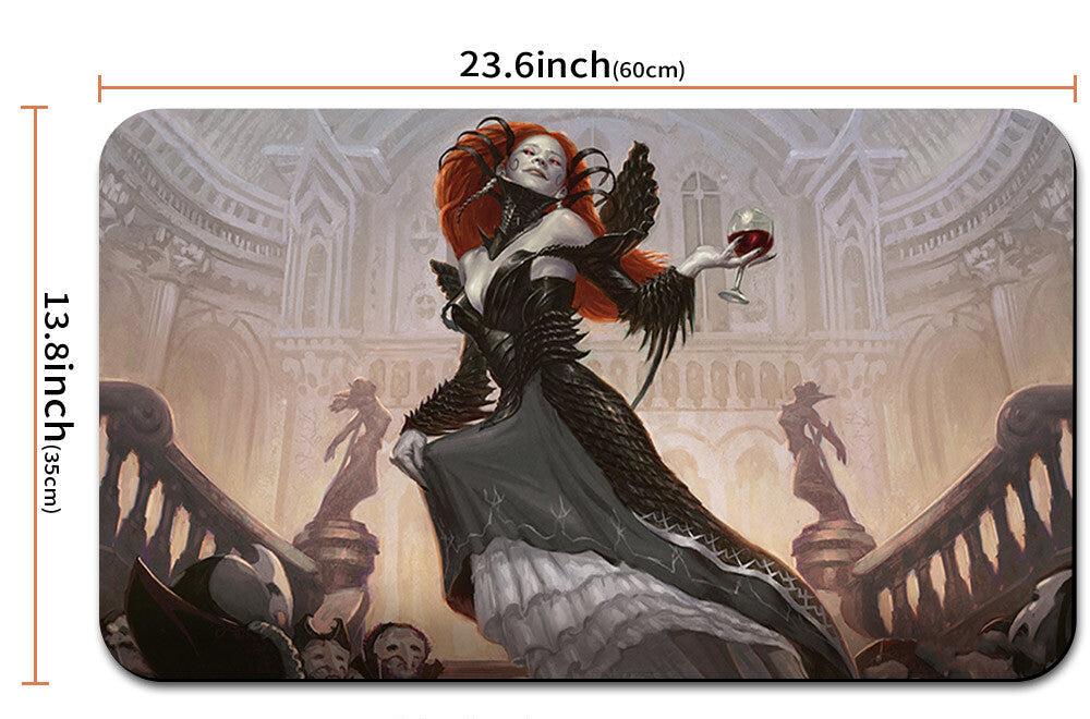 Illustration of a character with red hair and black outfit on a product packaging with dimensions displayed.