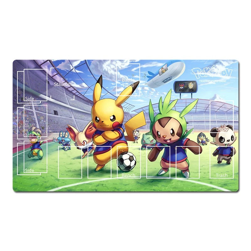 A rectangular Pokémon-themed playmat featuring Pikachu, a green-haired character, and other Pokémon characters on a soccer field, with white layout guides and labels including 'Side', 'Back', 'Trash', and 'Starting'.