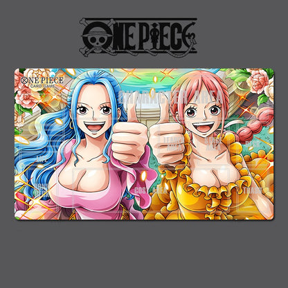 Two animated characters giving thumbs up on a colorful 'One Piece' branded background