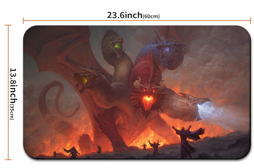 Dragon-themed mouse pad with dimensions and a carrying strap on a white background