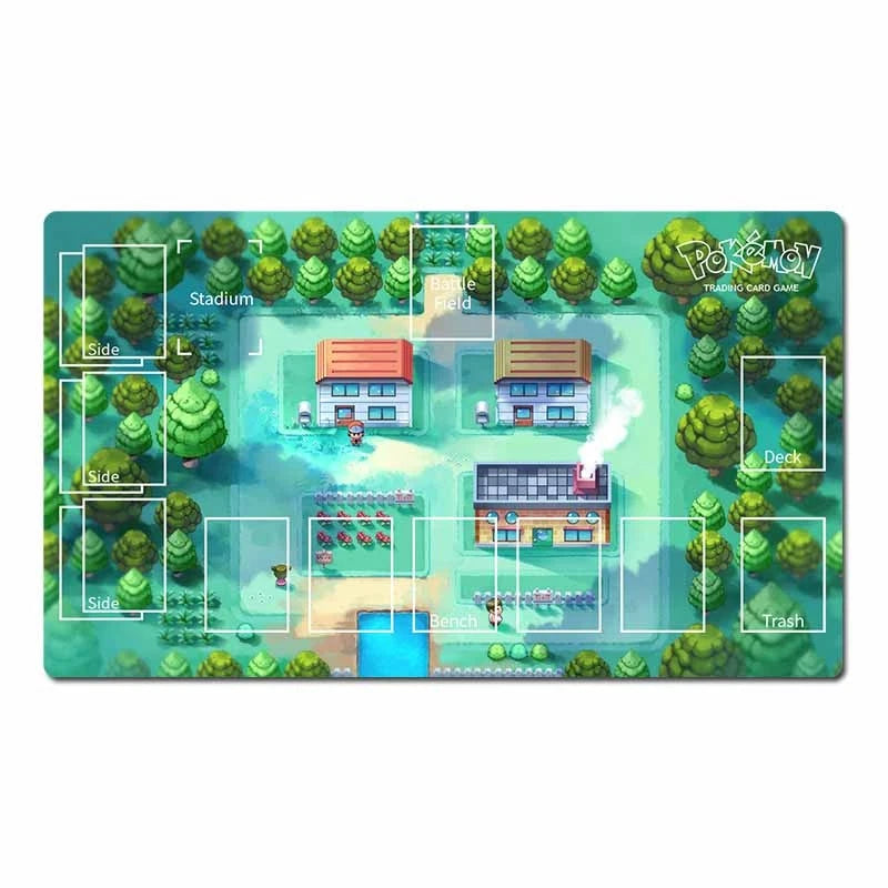 A rectangular Pokémon Trading Card Game playmat shown from above on a white background. The playmat features the iconic top-down forest village map design with labeled zones such as Side, Deck, Trash, Stadium, and Bench.
