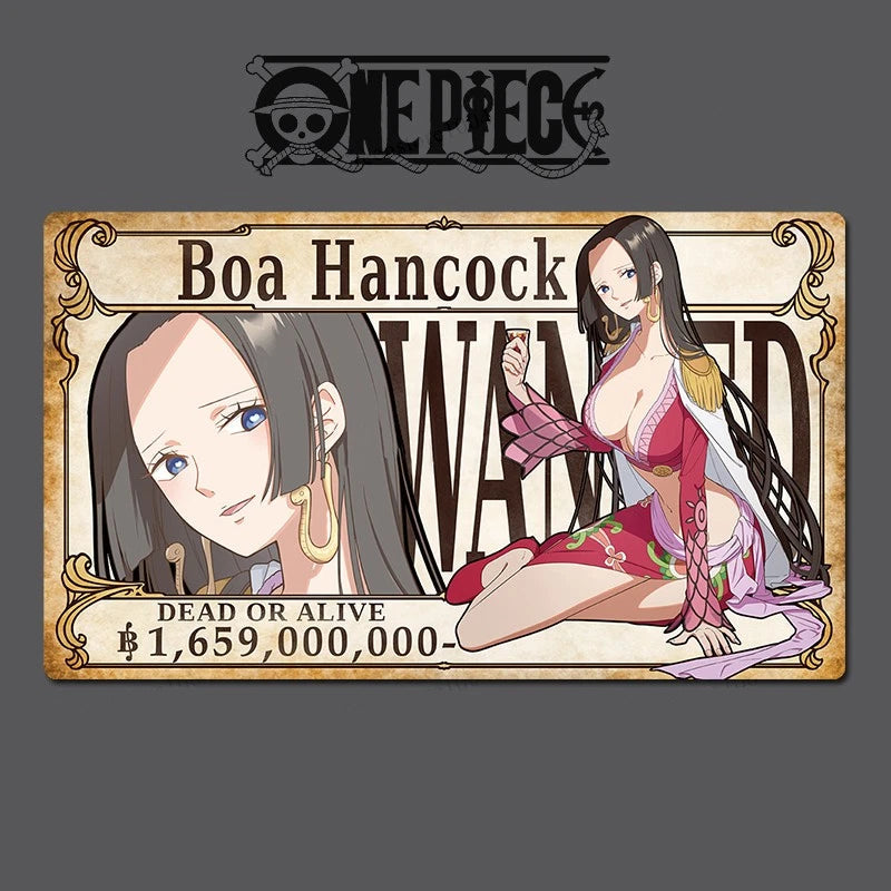 A One Piece themed decorative sign featuring Boa Hancock's wanted poster design, shown against a solid dark gray background. The sign has a vintage, distressed wood texture with a beige border and depicts an illustration of Boa Hancock with her signature red and pink outfit.