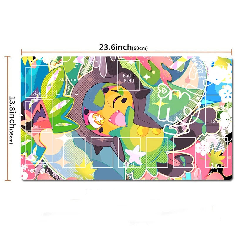 A colorful illustrated mouse pad or desk mat with a cartoon mouse design and printed text overlays, shown with dimension labels reading 23.6 inches by 13.