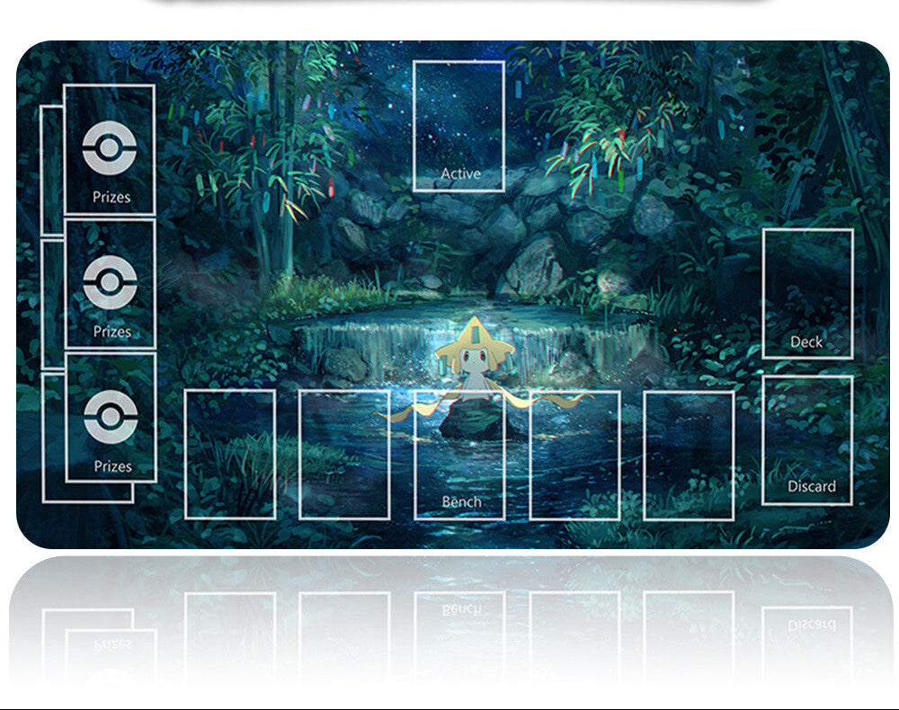 Pokémon trading card game playmat with a forest design and Pokémon character.