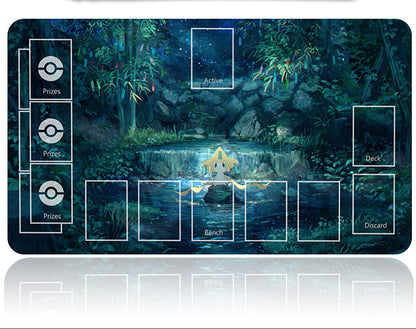 Pokémon trading card game playmat with a forest design and Pokémon character.