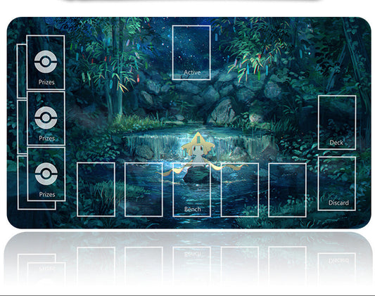 Pokémon trading card game playmat with a forest design and Pokémon character.