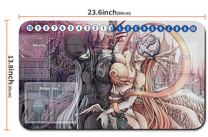 Card with anime-style illustration and measurements on a white background