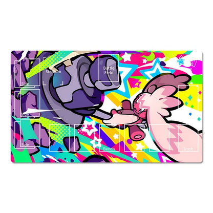 A rectangular gaming playmat featuring a colorful, dynamic anime-style illustration of two characters in combat, with pre-marked zones labeled for setup like 'Semiper', 'Battle Field', 'Base', 'Binds', and 'Team'.