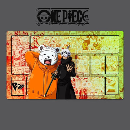 Two animated characters in front of a colorful background with 'One Piece' branding.