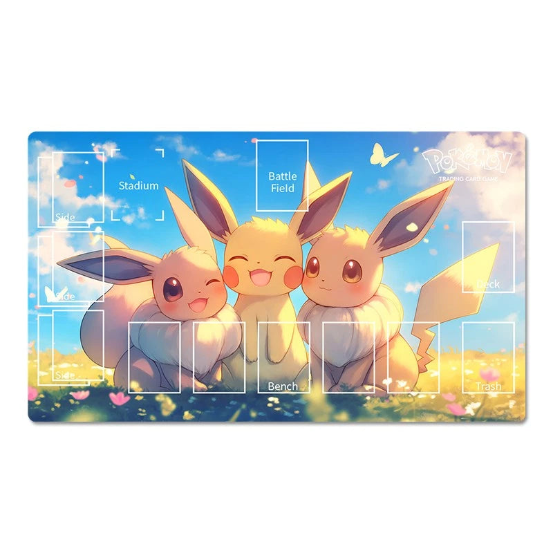 A rectangular Pokémon-themed gaming mat featuring three Eeveys on a bright blue sky background with white clouds and a yellow sunlit field. The mat includes printed game area labels such as Stadium, Battle Field, Bench, and Trash, plus a Pokémon logo in the top right.