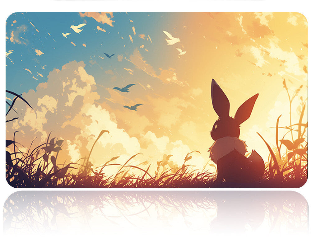 Placemat with a rabbit silhouette at sunset and a pen holder on a white background