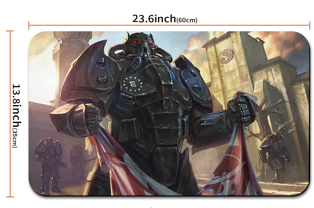 Mouse pad with warrior design and measurements, featuring a carrying strap.
