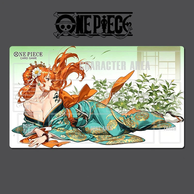 A One Piece trading card game character mat featuring a detailed illustration of a woman with long orange hair in a teal kimono, set against a dark gray background with the One Piece logo at the top.