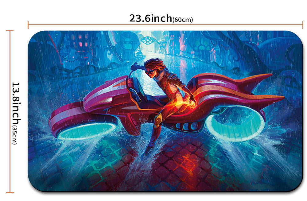 Illustration of a character on a futuristic vehicle with dimensions and a pouch shown below.