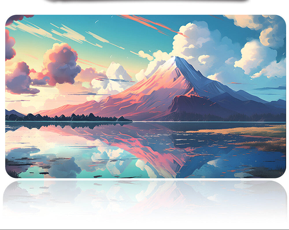 Mouse pad with mountain and lake design and a pen on a white background