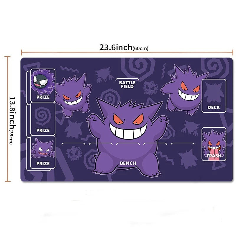 A rectangular Pokémon Gengar playmat or desk mat shown flat on a white background, with printed game-area labels including Prize, Deck, Bench, and Battle Field, plus dimension lines indicating 23.6 inches by 13.