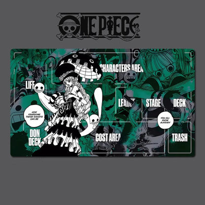 Playmat with 'One Piece' character design on a dark background