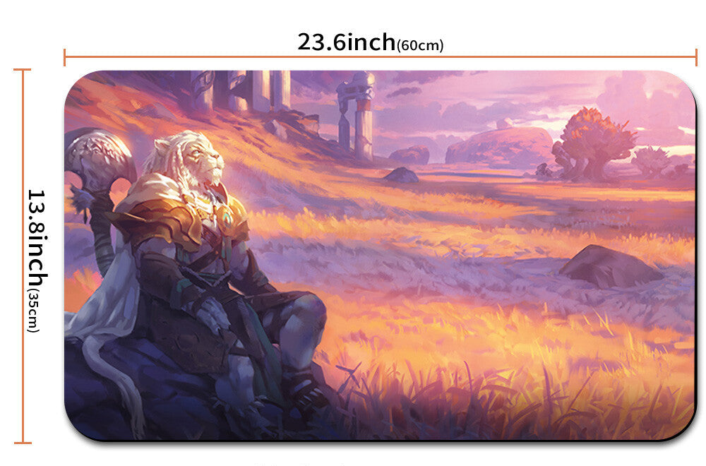 Mouse pad with artistic design of a character sitting in a field, shown with dimensions.