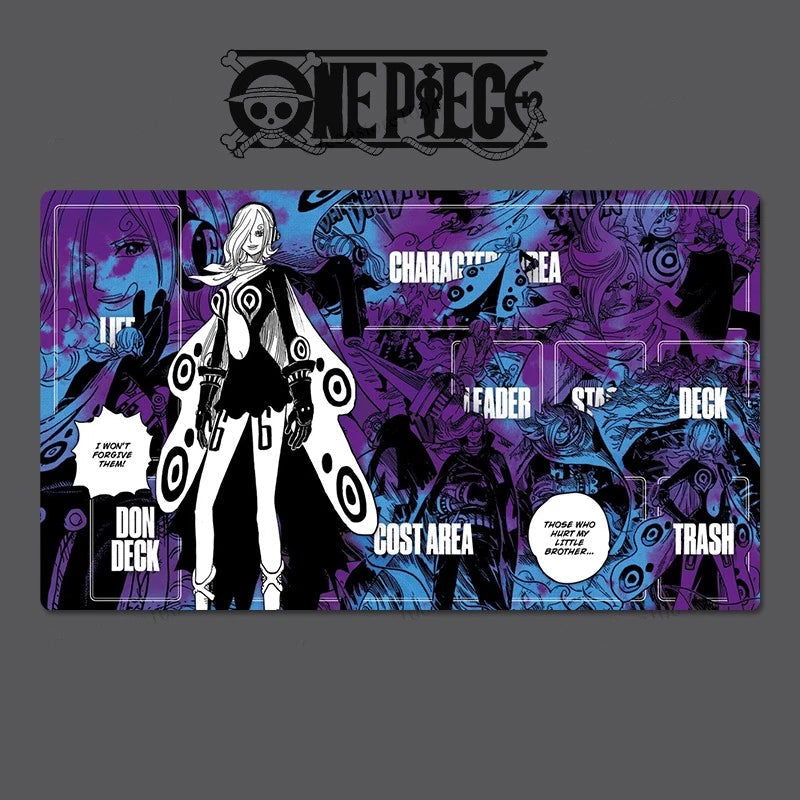 Card game mat with One Piece character design on a dark background