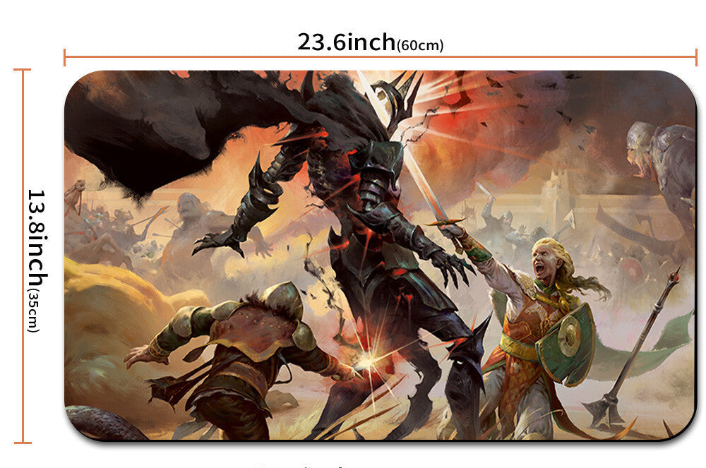 Mouse pad with fantasy battle design and measurements, featuring a dragon and warriors.