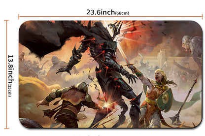 Mouse pad with fantasy battle design and measurements, featuring a dragon and warriors.