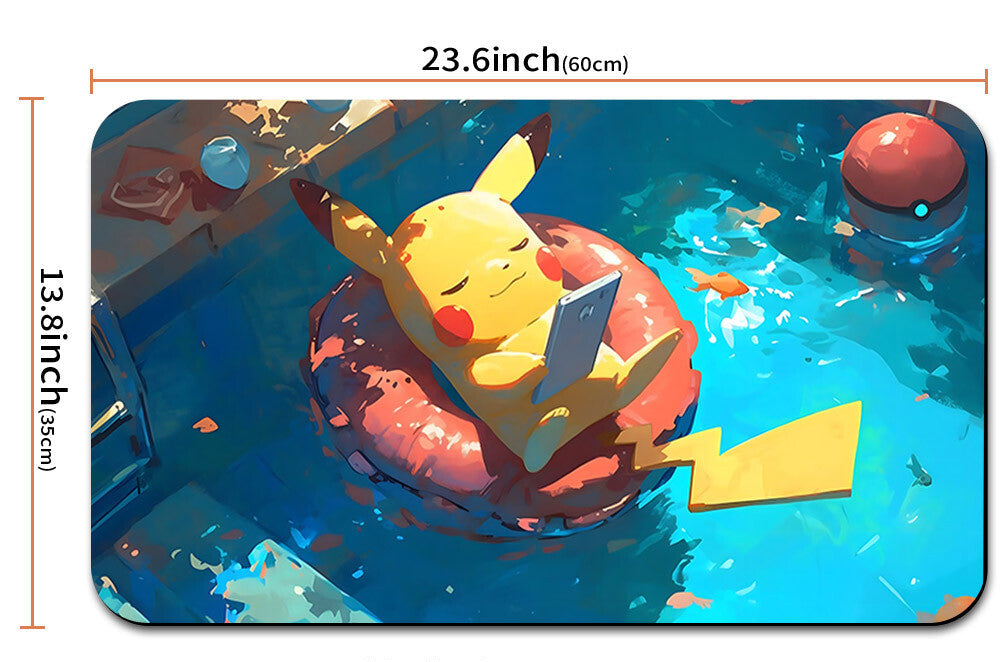 Mouse pad with Pikachu design and measurements, including a carrying pouch.