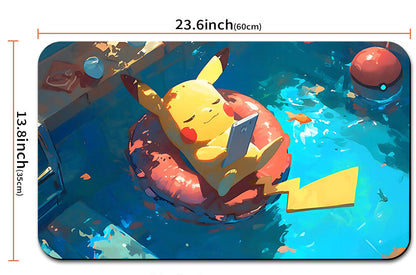 Mouse pad with Pikachu design and measurements, including a carrying pouch.