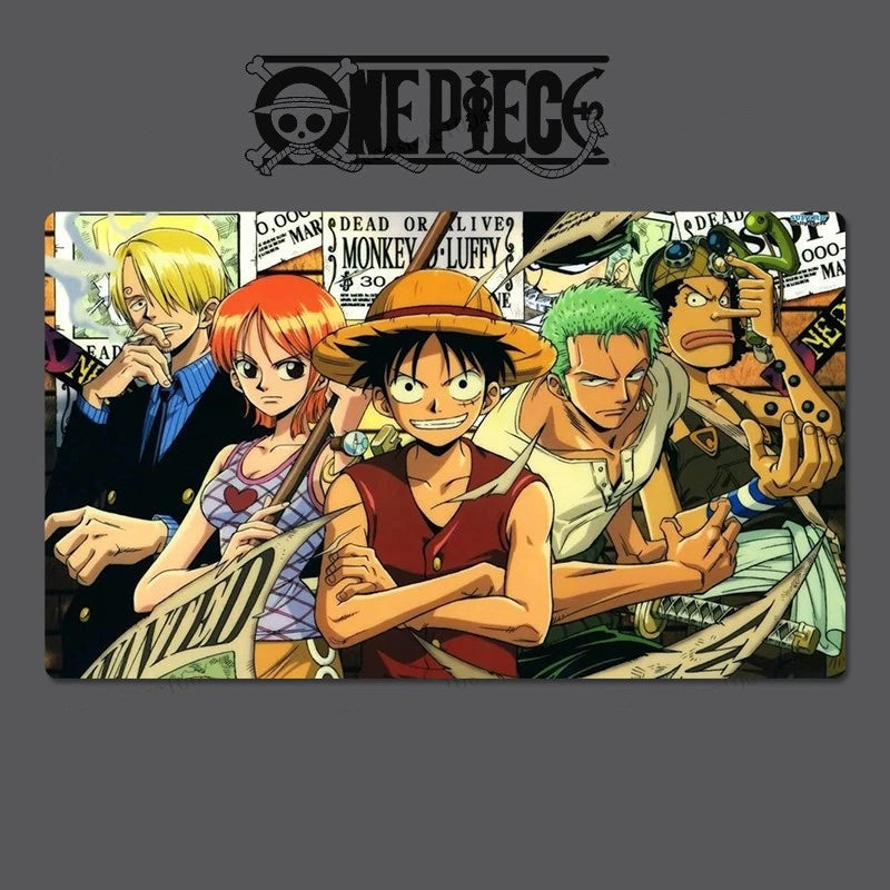 One Piece anime characters with the One Piece logo above them on a dark background
