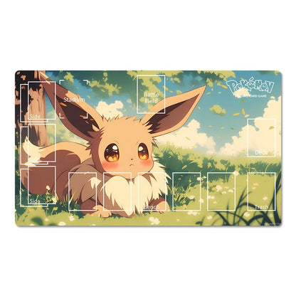 A rectangular Pokémon-themed gaming mat featuring an illustration of Eevee in a grassy outdoor scene, with white outlined game area boxes and the Pokémon logo in the top right.