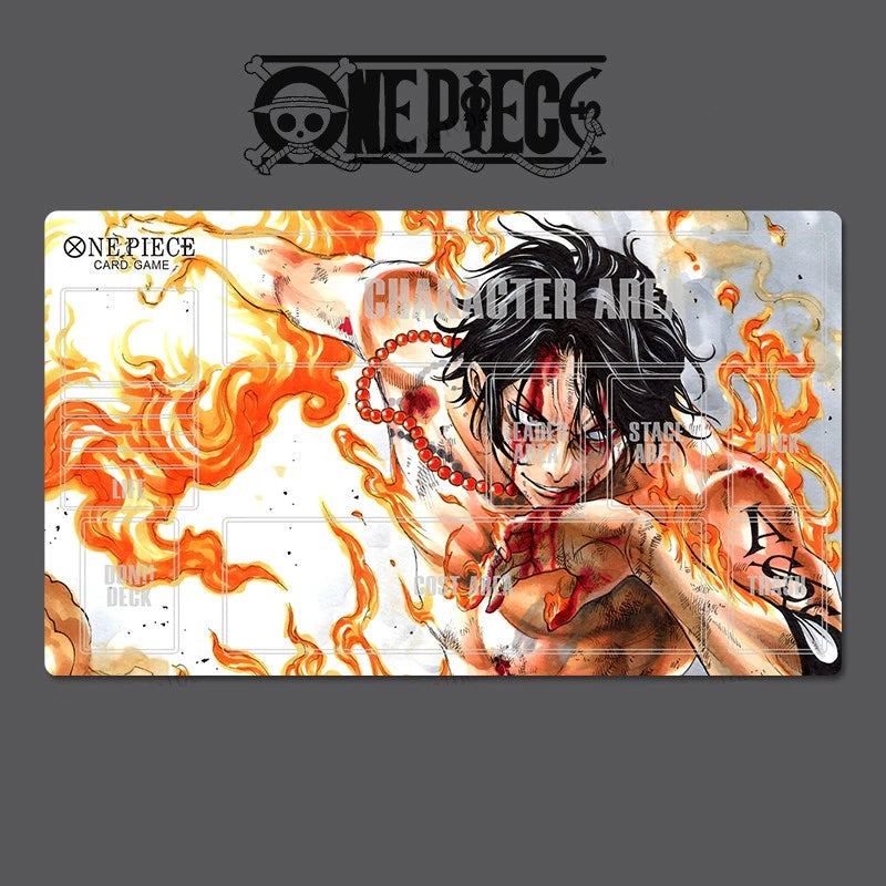 One Piece card game playmat with character artwork and branding